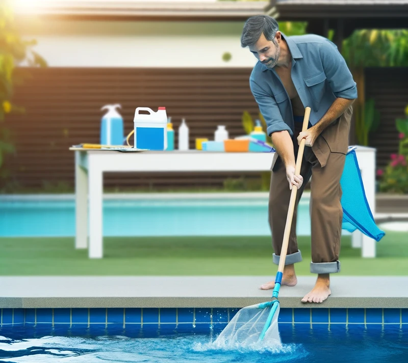 man preforming maintenance on his pool